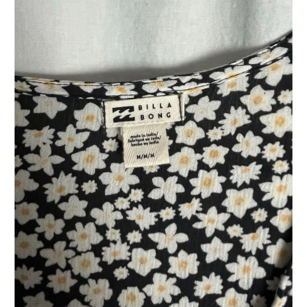 Billabong Dress Secret Wish Womens M Black Ditsy Floral‎ Mini Balloon Sleeve New